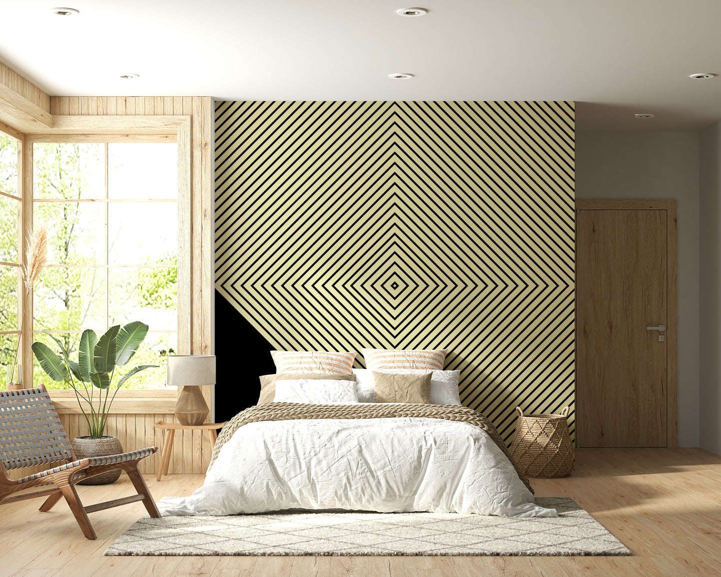 A modern monochrome wallpaper showcasing layered diagonal stripes converging into a central diamond.
