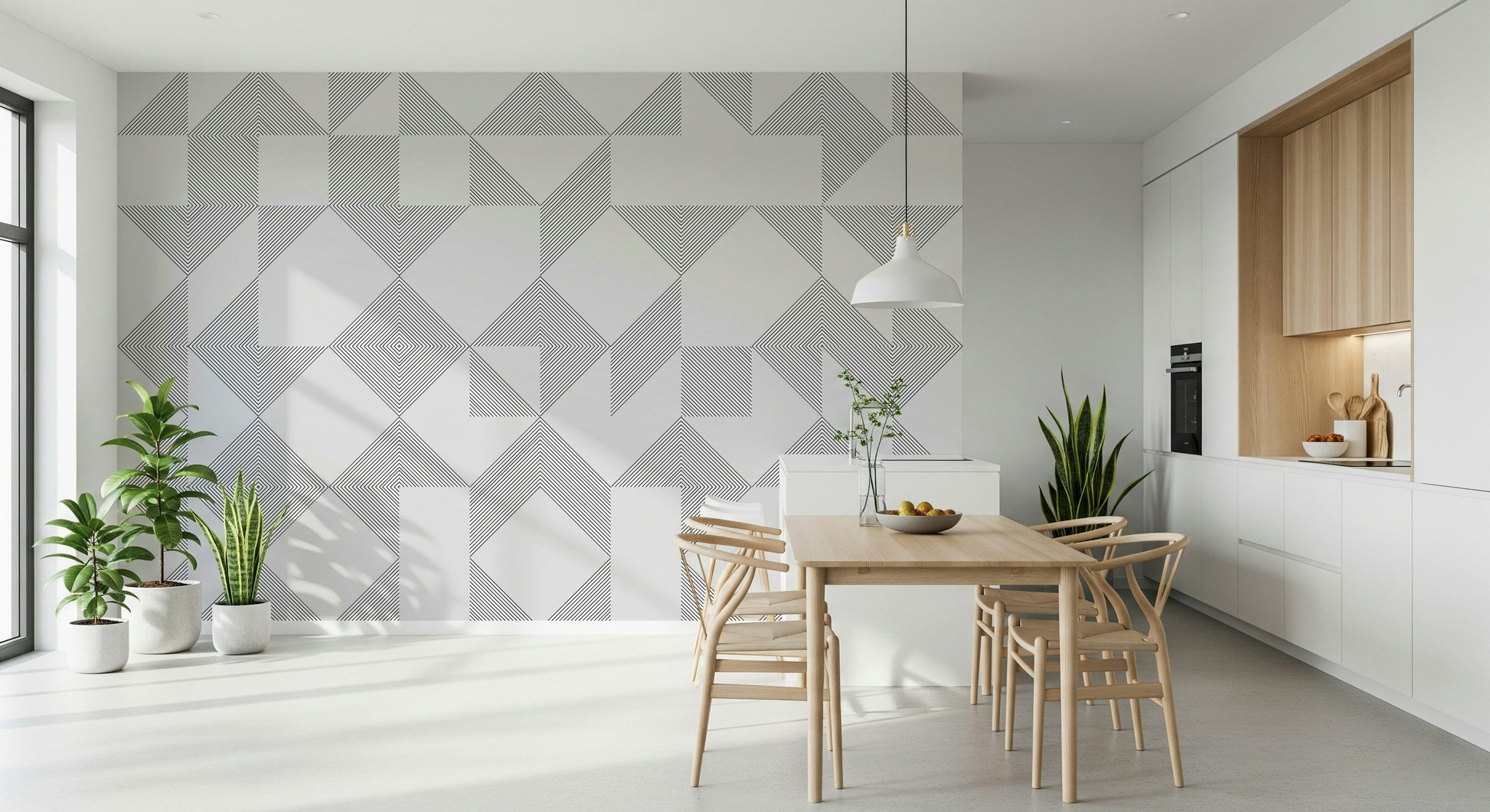 A monochrome line-art wallpaper with structured geometric blocks for a modern interior feel.