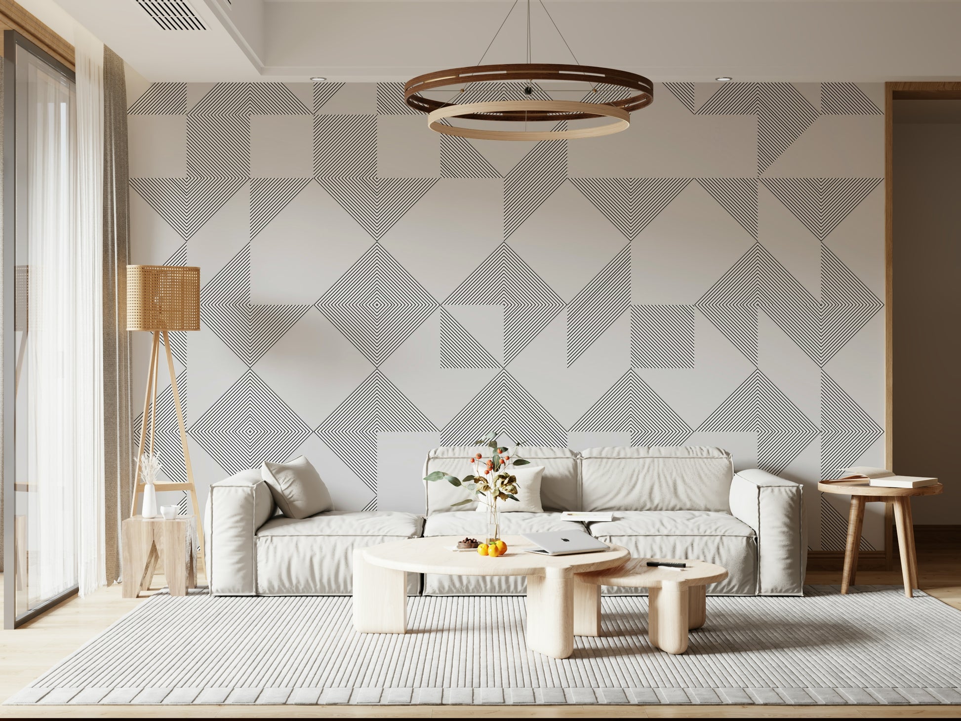 A simple wallpaper design with repeated line-drawn shapes forming an elegant geometric layout.