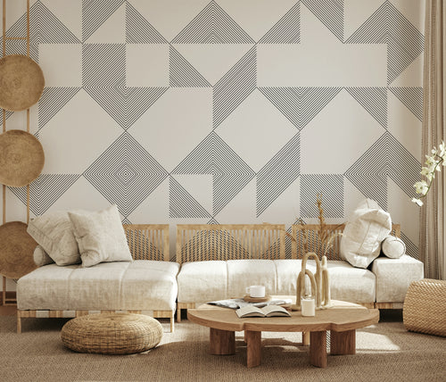 A minimalist line blocks wallpaper featuring geometric squares and triangles formed with fine parallel lines.