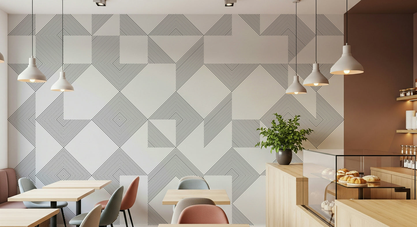 Linear diamonds and triangles forming a sleek contemporary pattern in this minimalist wallpaper.