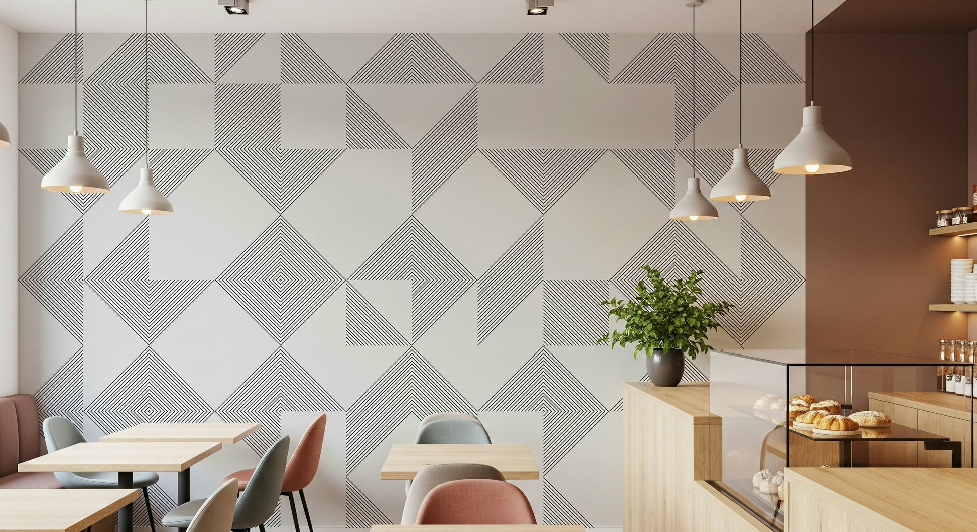 Linear diamonds and triangles forming a sleek contemporary pattern in this minimalist wallpaper.