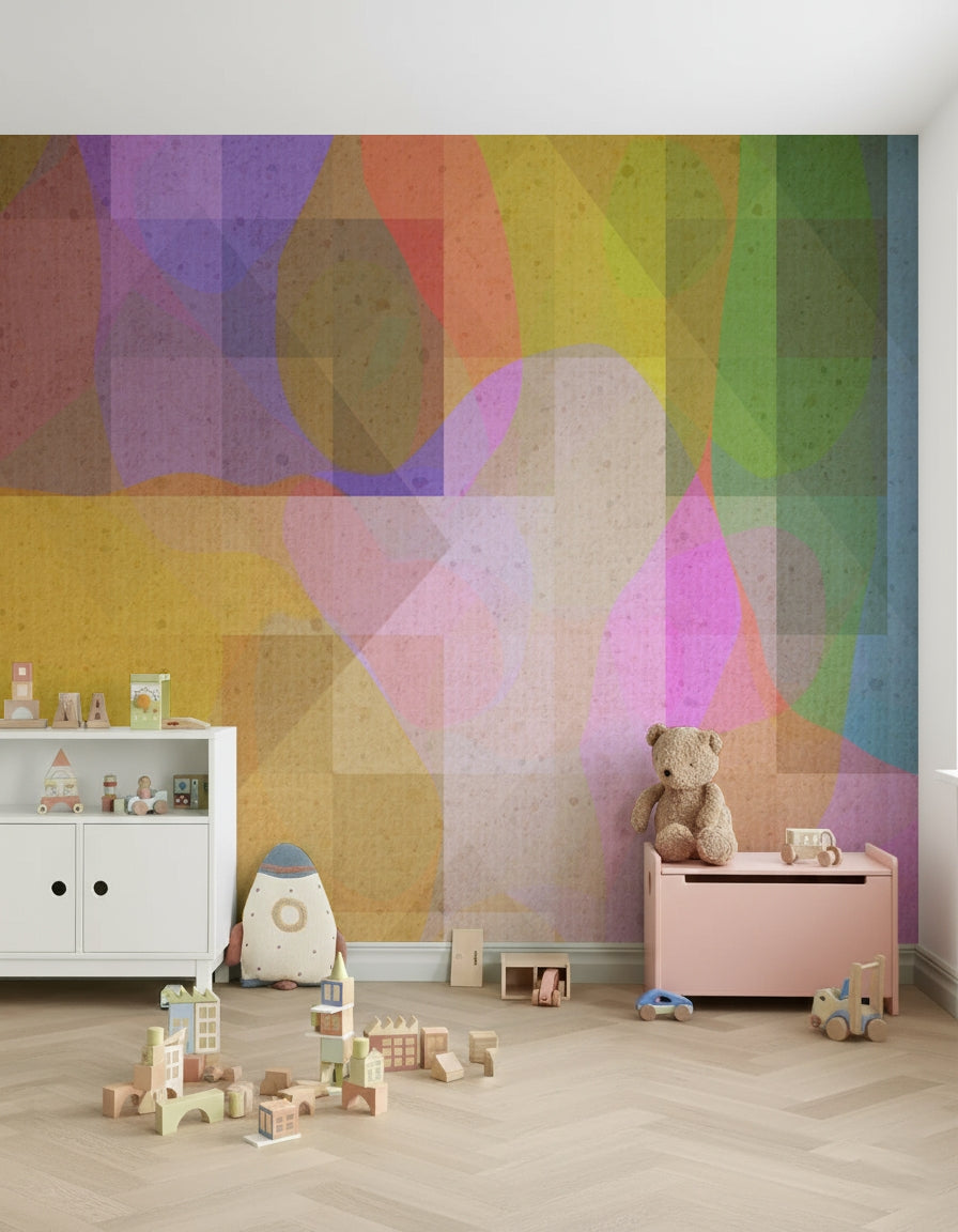 A calming wallpaper design made of overlapping geometric shapes in warm and cool tones.