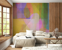 A textured geometric wallpaper showcasing translucent overlapping blocks in soft, earthy hues.