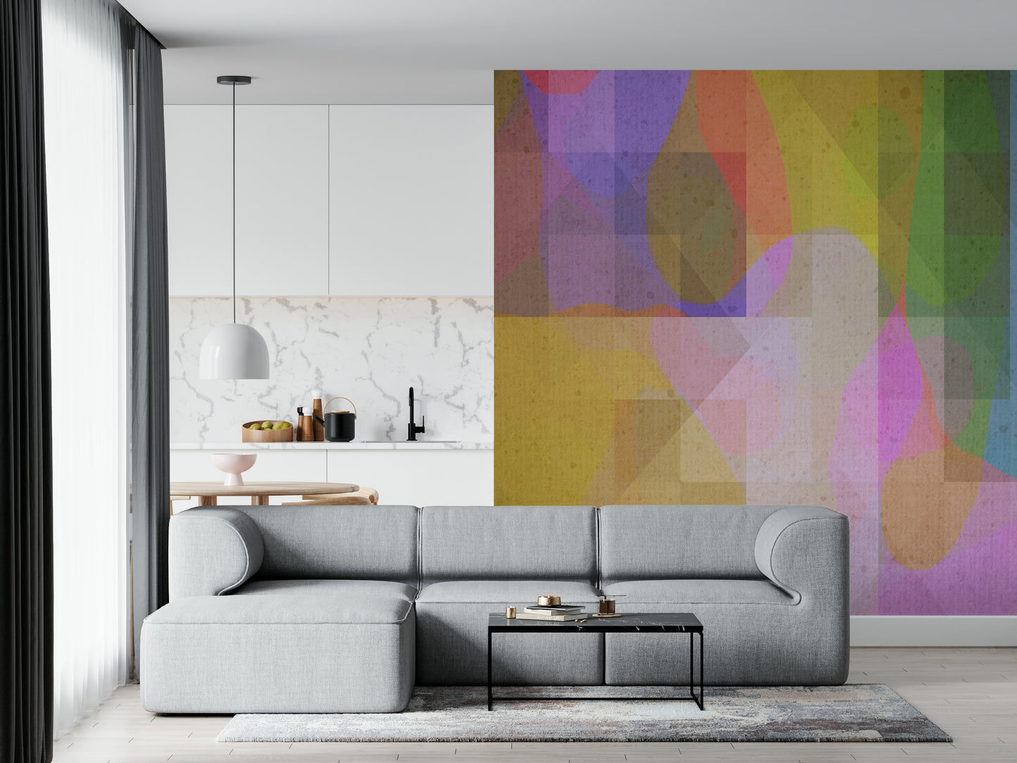 Abstract overlapping geometric forms in muted colors creating a subtle contemporary wallpaper design.