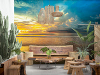 Golden sunlight reflecting on wet sand beneath dramatic clouds in a peaceful Borneo Beach wallpaper.