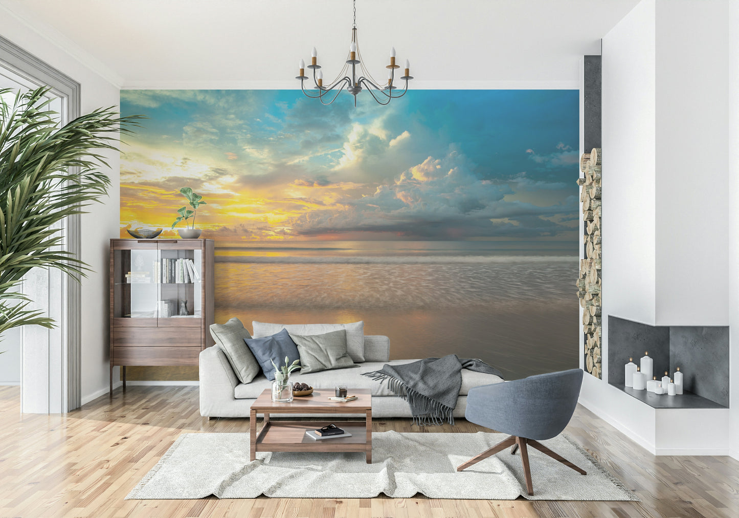 A tropical sunset with still waters and lush evening clouds captured in the Borneo Beach wallpaper.