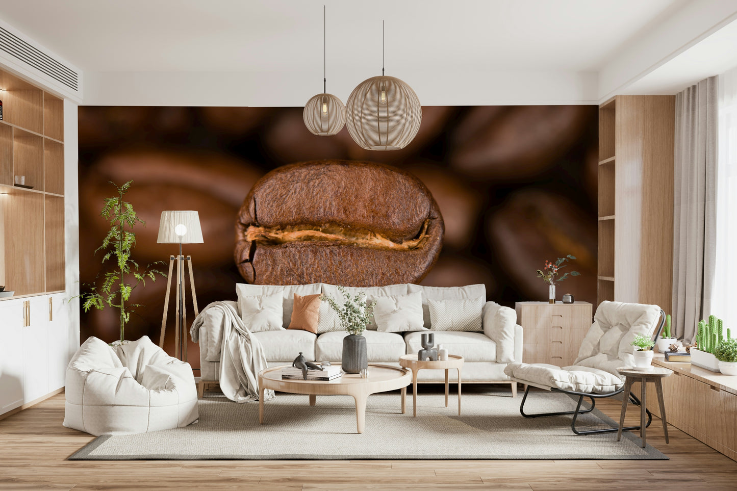 This wallpaper creates a rich, immersive atmosphere with a macro shot of roasted coffee beans in sharp detail.