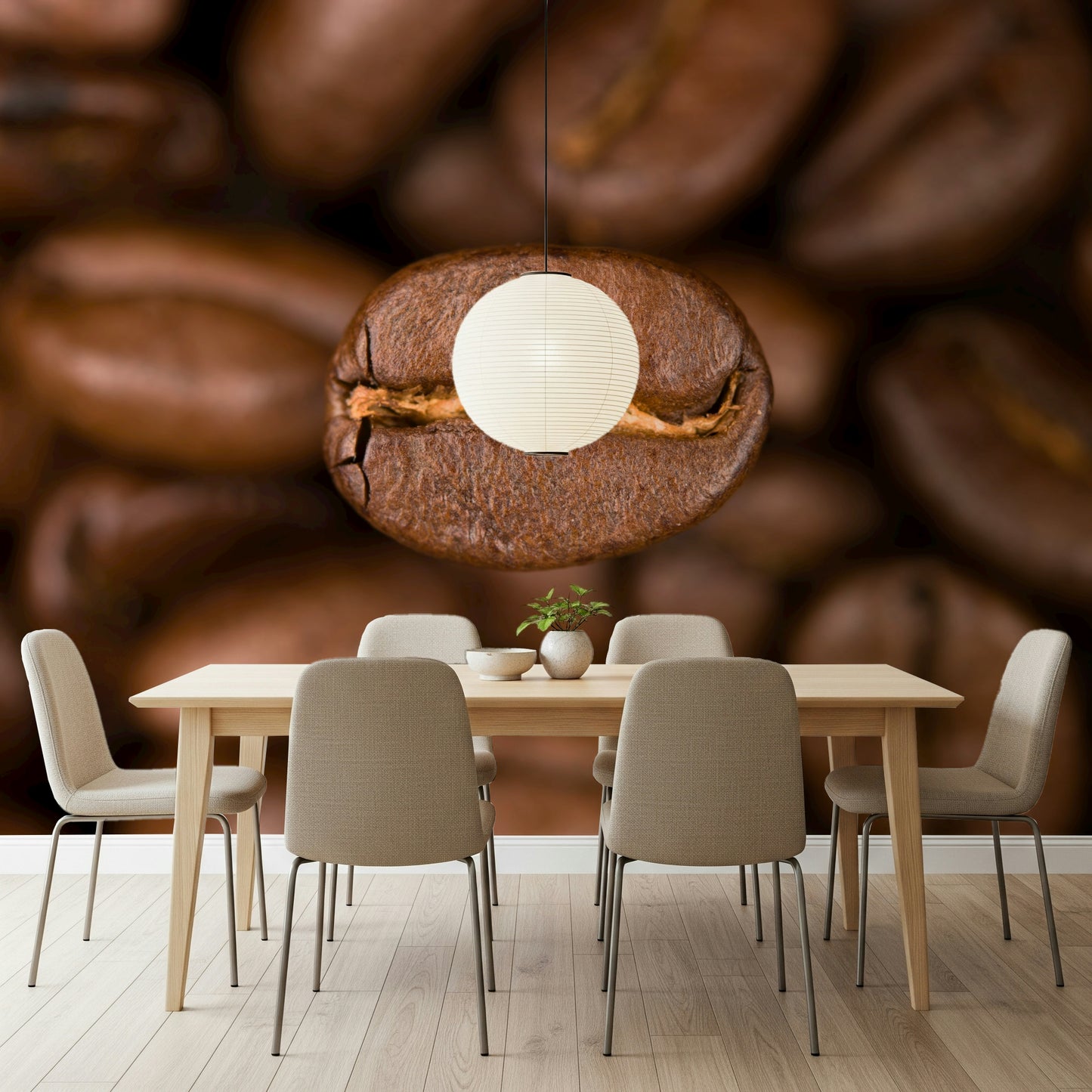 The wallpaper showcases a beautifully lit coffee bean at the center, adding a modern and energetic vibe to interiors.