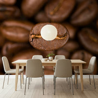 The wallpaper showcases a beautifully lit coffee bean at the center, adding a modern and energetic vibe to interiors.