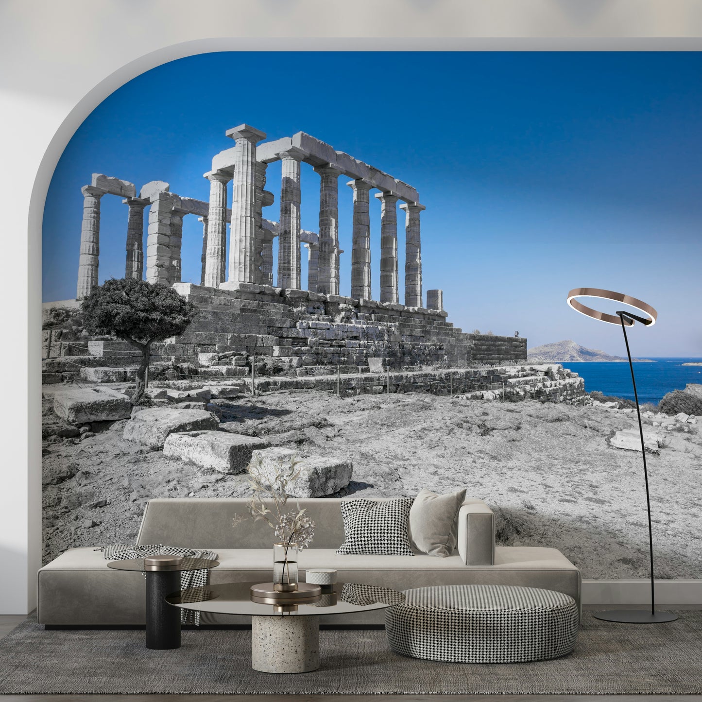This wallpaper presents the ruins of the Poseidon Temple bathed in sunlight with a vivid coastal horizon.