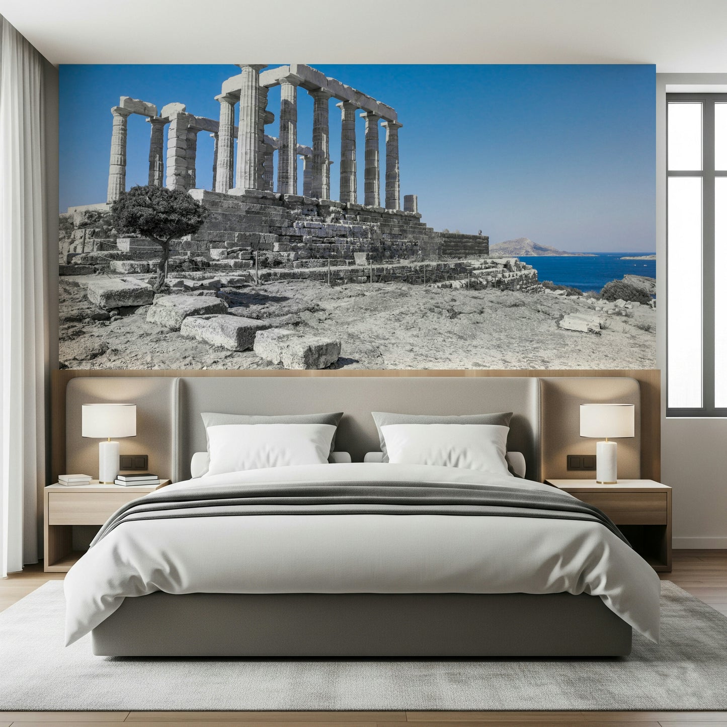 The wallpaper captures the timeless grandeur of the Poseidon Temple set against a serene Mediterranean sky.
