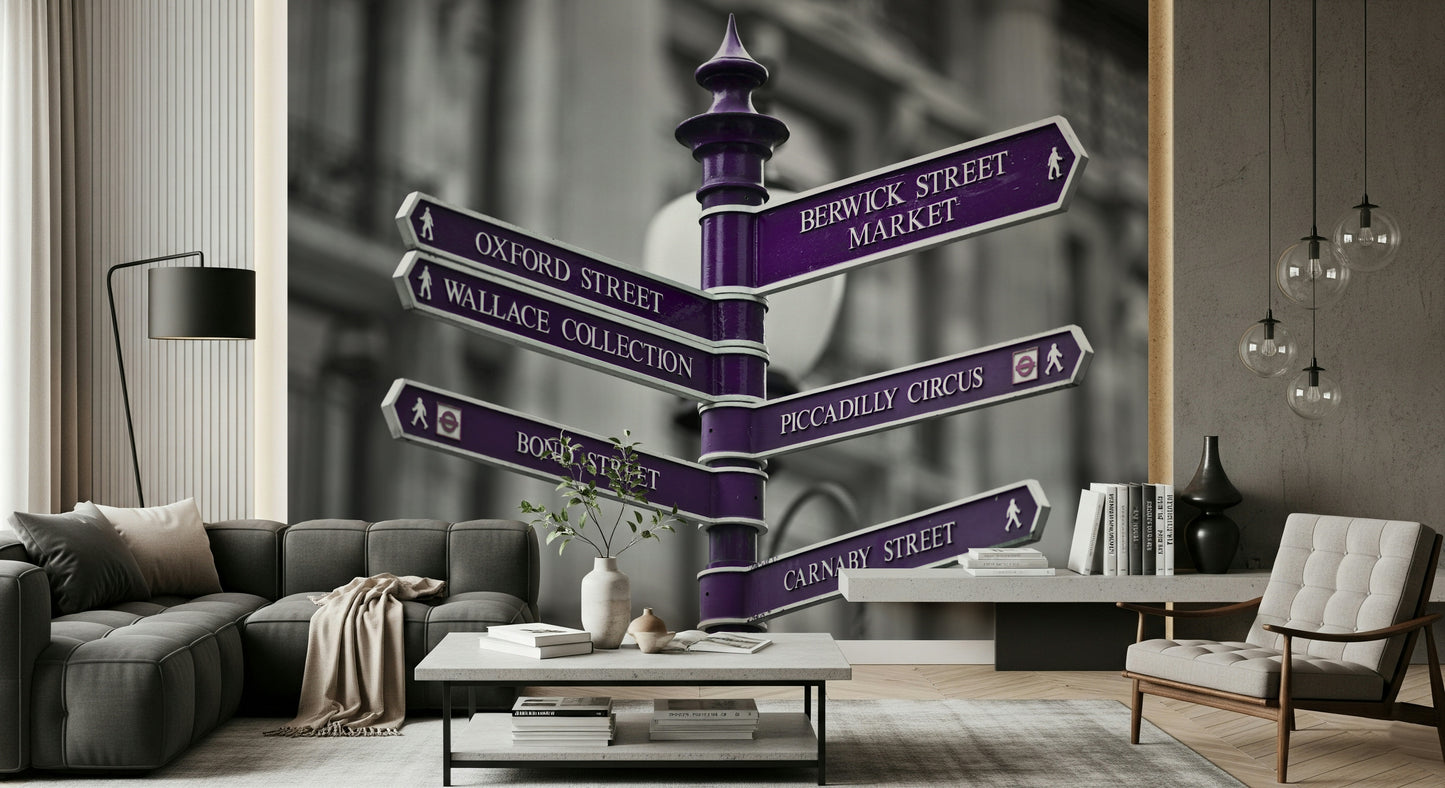 A striking wallpaper showcasing the iconic London-style signpost pointing toward Oxford Street, Piccadilly Circus, and more.