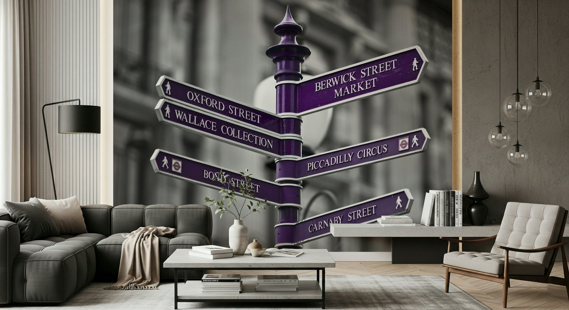 A striking wallpaper showcasing the iconic London-style signpost pointing toward Oxford Street, Piccadilly Circus, and more.