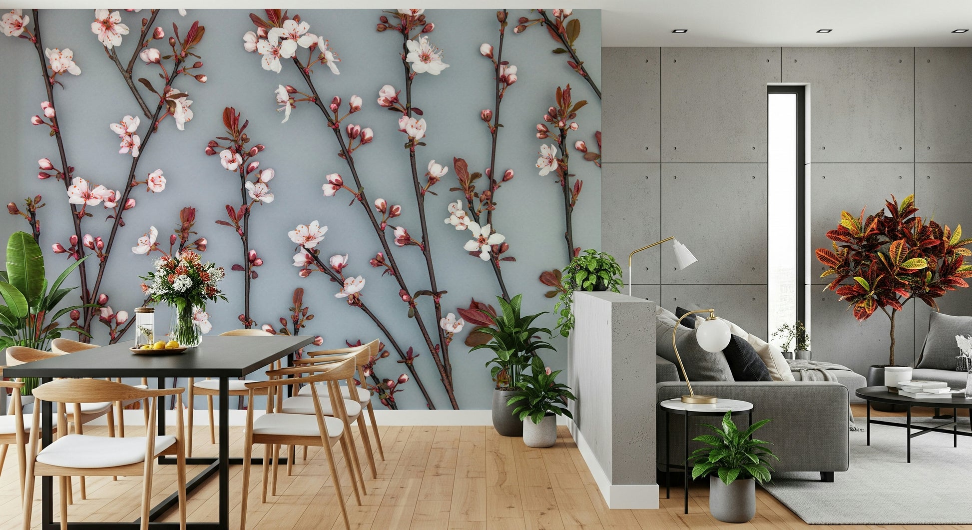 A delicate wallpaper showcasing cherry plant stems adorned with blooming flowers in gentle pastel tones.