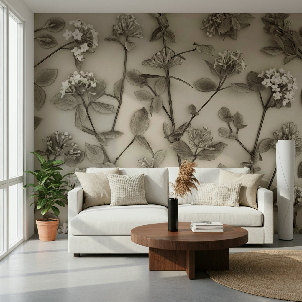A textured-look wallpaper showing blooming branches with a subtle vintage floral charm.