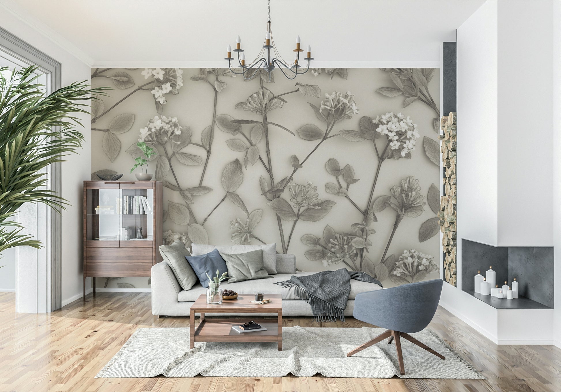 This wallpaper features delicate spring blossoms sketched in soft, muted tones for an elegant look.