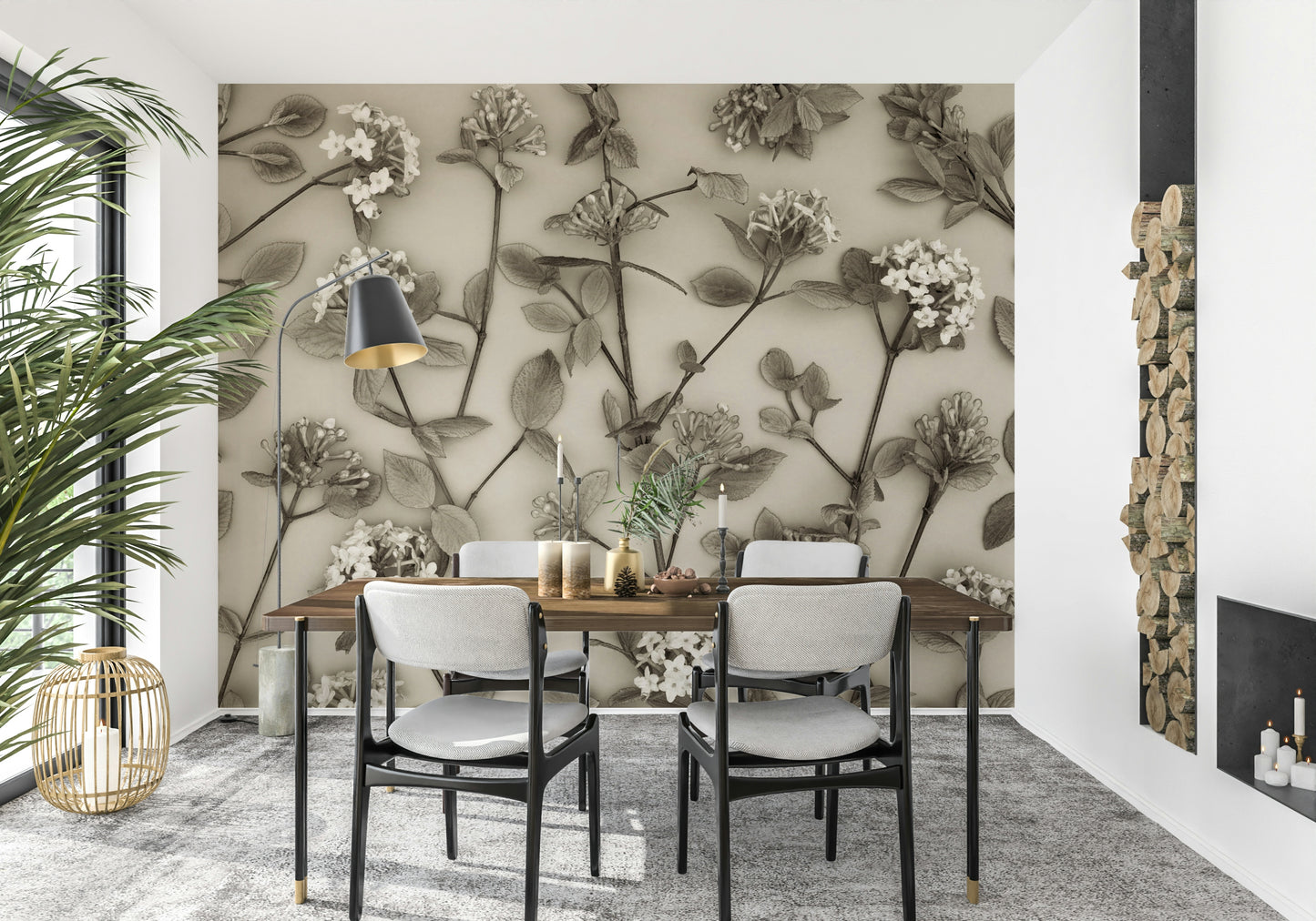 The wallpaper captures gentle spring flowers with detailed leaves for a timeless botanical appeal.