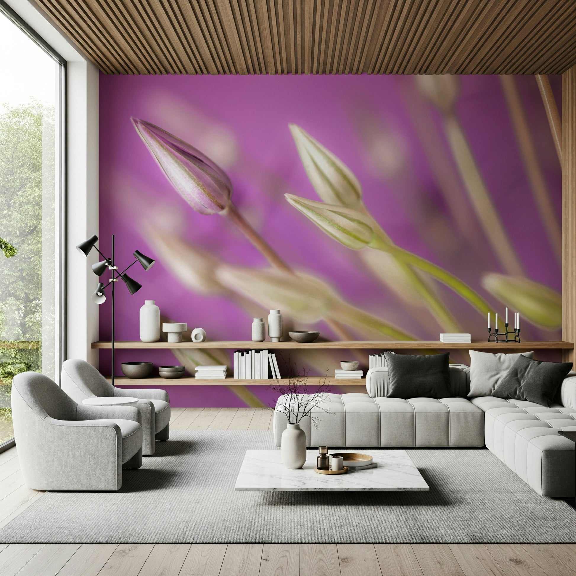 A botanical wallpaper highlighting the fine details of purple allium buds in a delicate close-up.