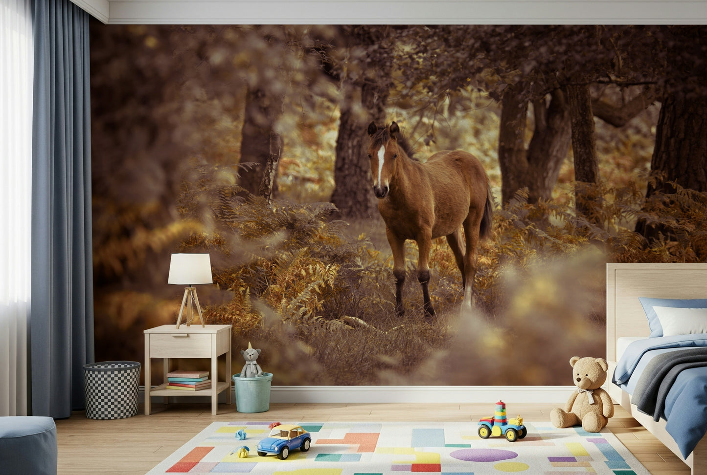 The wallpaper presents a wild horse gazing calmly amid rich brown and golden foliage.