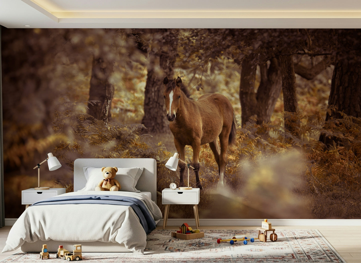 A serene wallpaper showcasing a wild horse emerging from a misty woodland landscape.