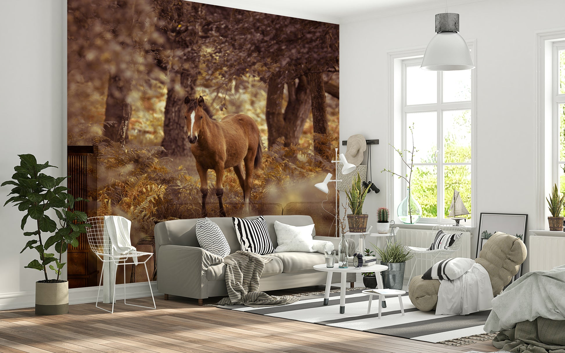 This wallpaper features a wild horse standing peacefully in a golden forest setting.