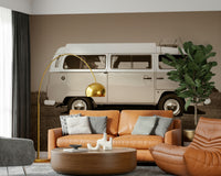 The wallpaper captures a classic vintage camper van that enhances interiors with a rustic road-trip theme.