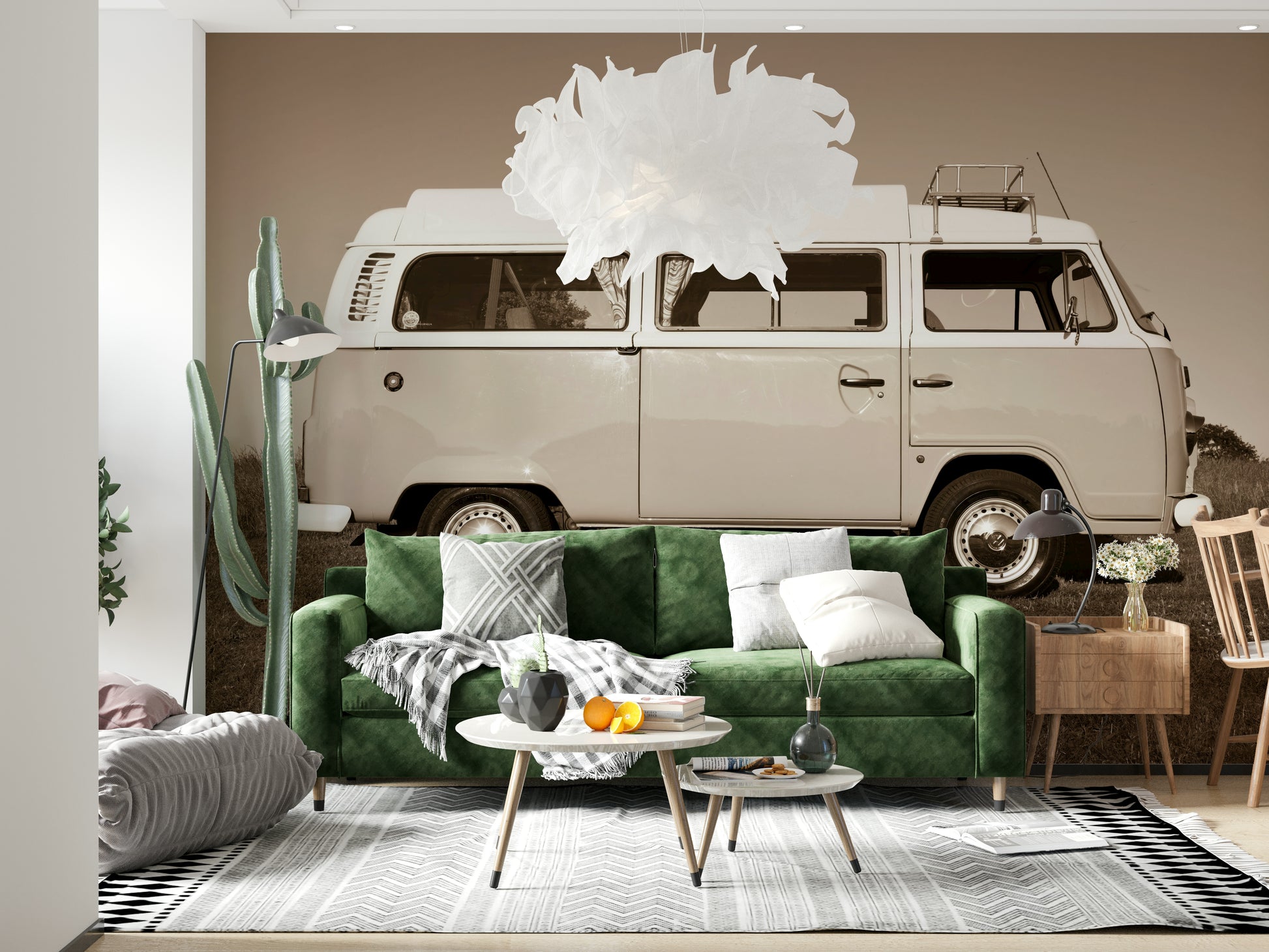 A warm-tone wallpaper featuring a vintage camper van to evoke memories of carefree travel days.