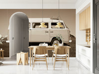 This wallpaper highlights a vintage camper van in profile, bringing retro adventure energy to the room.