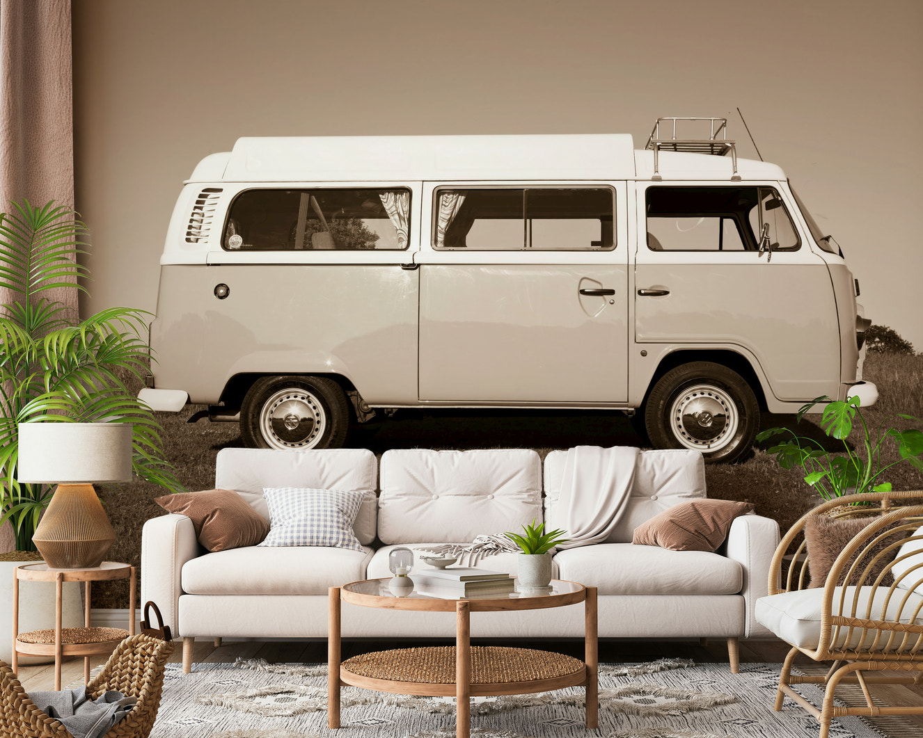 This wallpaper features a vintage camper van captured in a classic sepia tone for a nostalgic road-trip vibe.