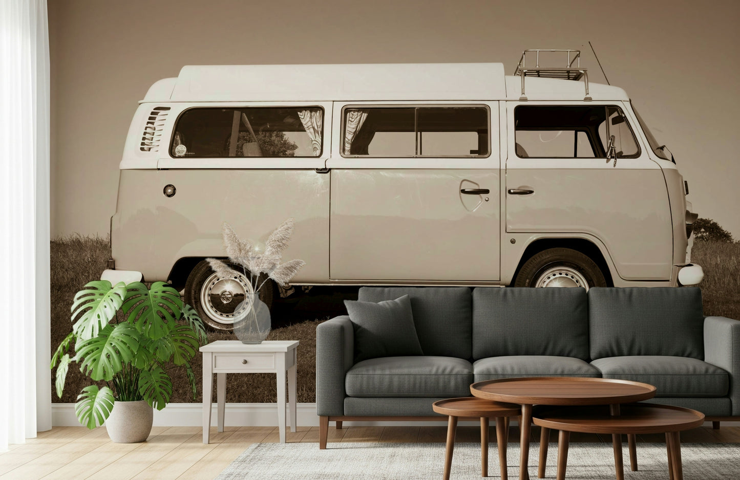 A calming wallpaper depicting a vintage camper van against an open outdoor backdrop.