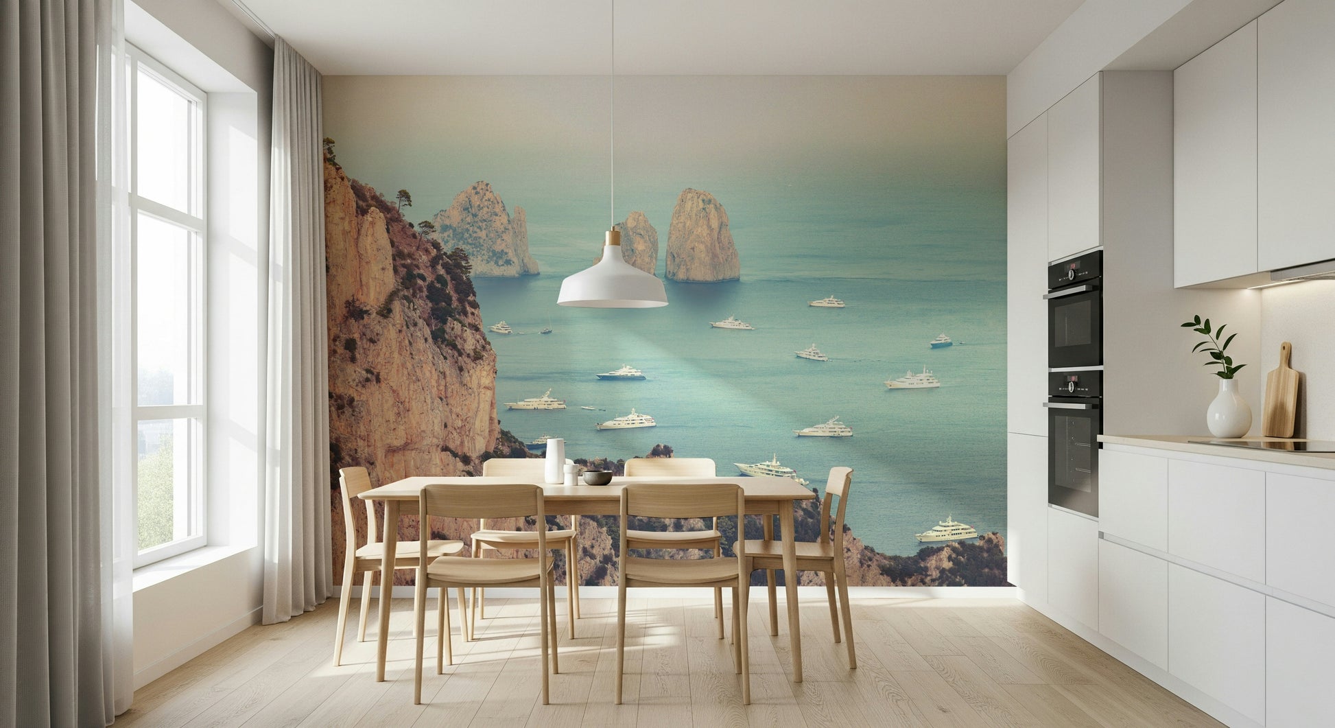 A breathtaking wallpaper portraying the Faraglioni cliffs rising dramatically above a peaceful yacht-filled bay.