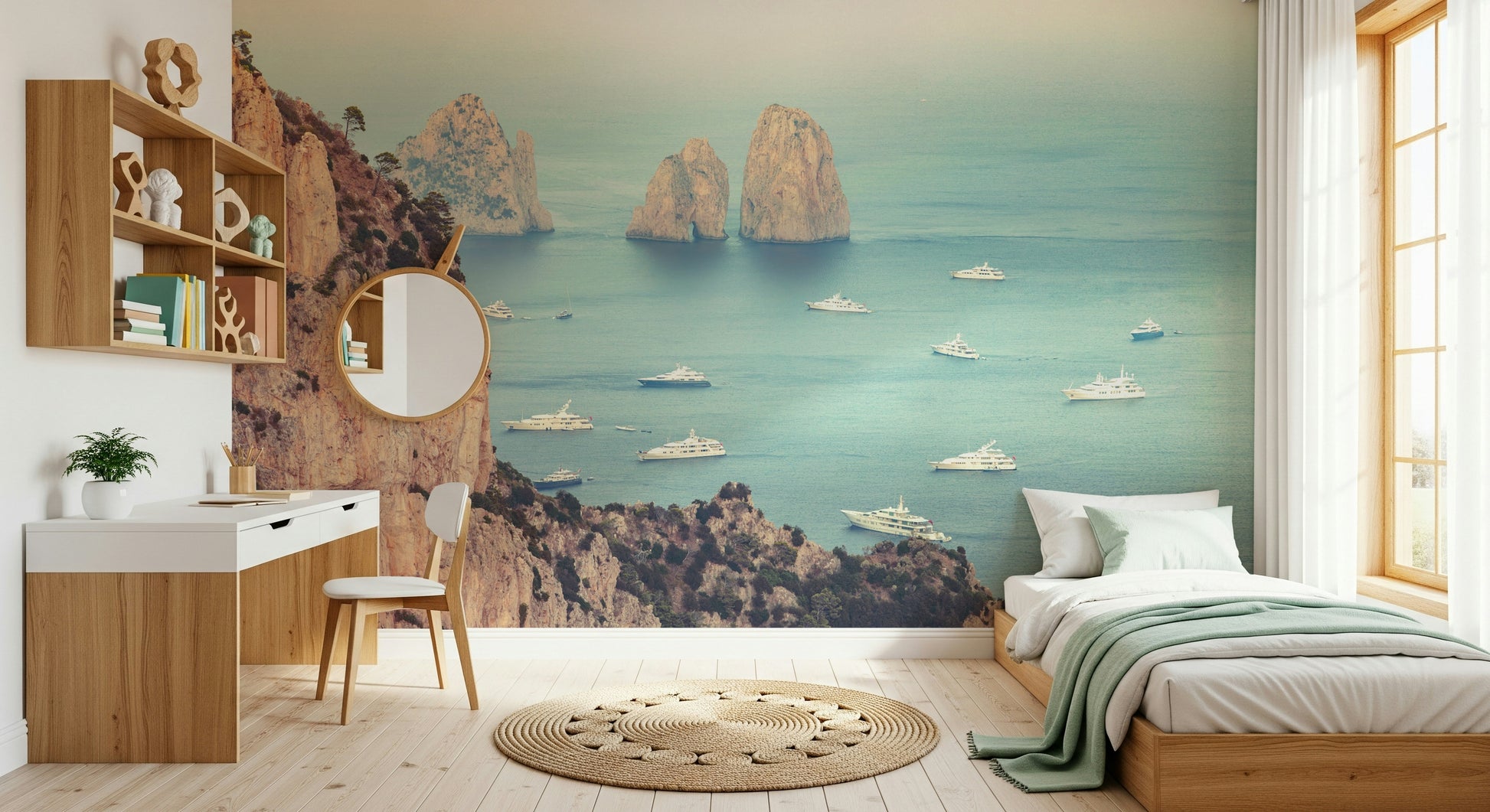 A coastal wallpaper featuring sunlit Faraglioni cliffs blending into a calm sea filled with sleek yachts.
