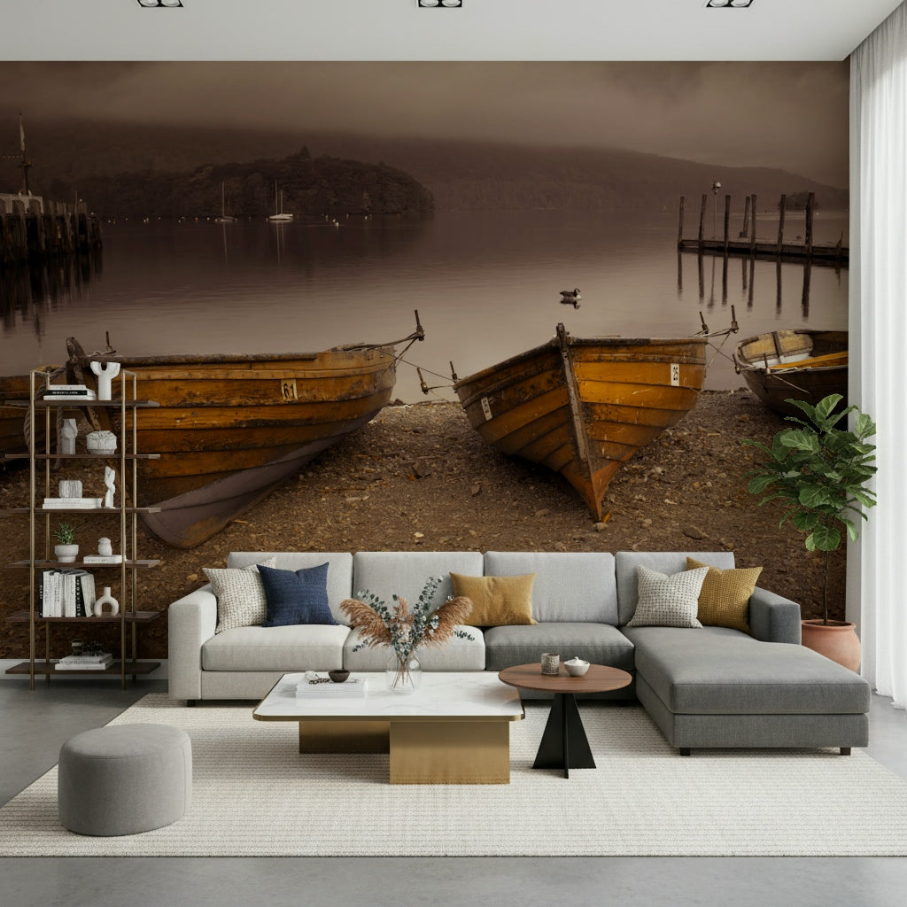 Decorative wallpaper depicting rustic rowboats anchored on a sepia-toned lakeshore.