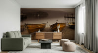 Atmospheric lake wallpaper showing rowing boats against a misty sepia horizon and quiet water.