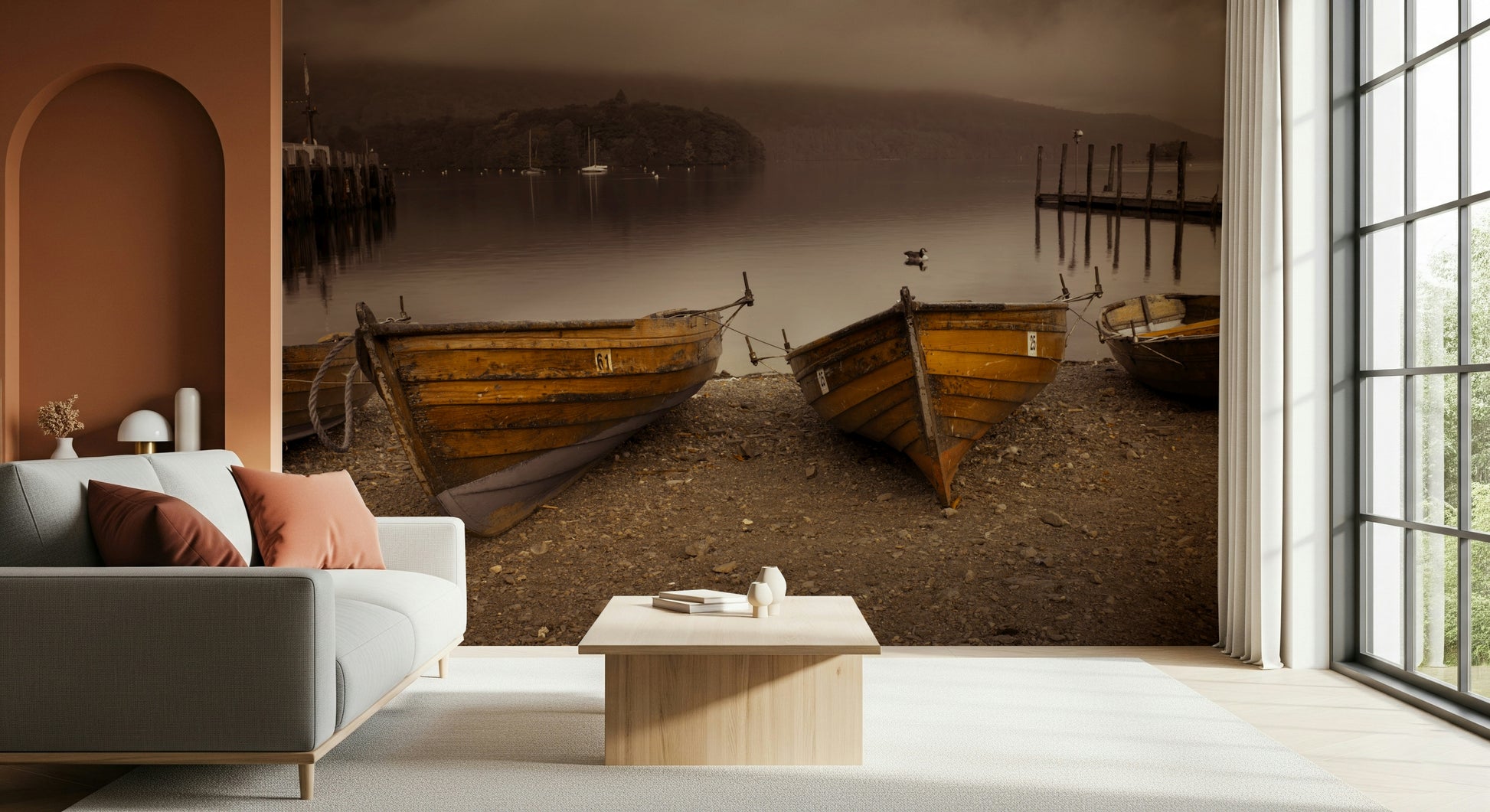 Calming wallpaper capturing still waters, wooden boats, and soft sepia lighting.