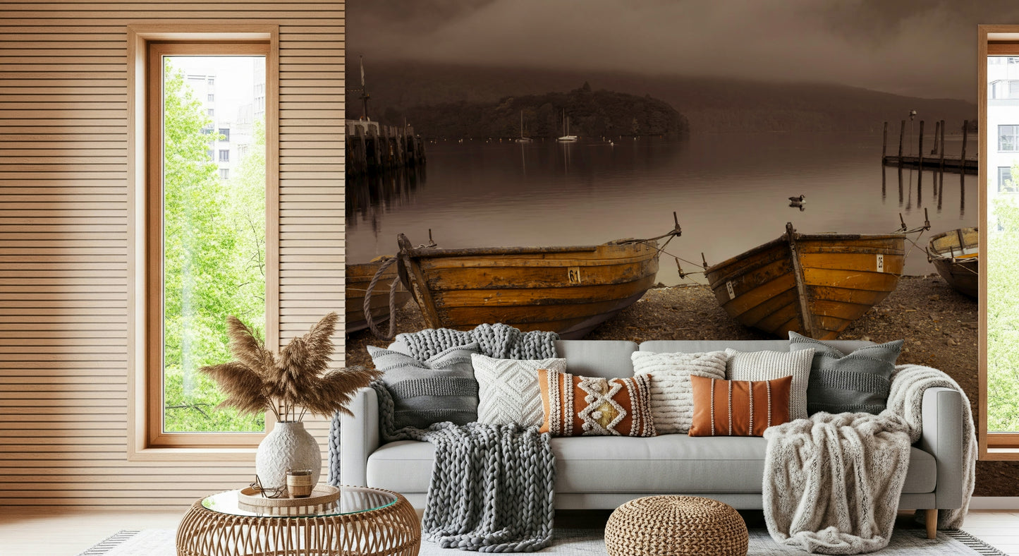 Rustic lakeside wallpaper with weathered wooden boats and a peaceful sepia landscape.