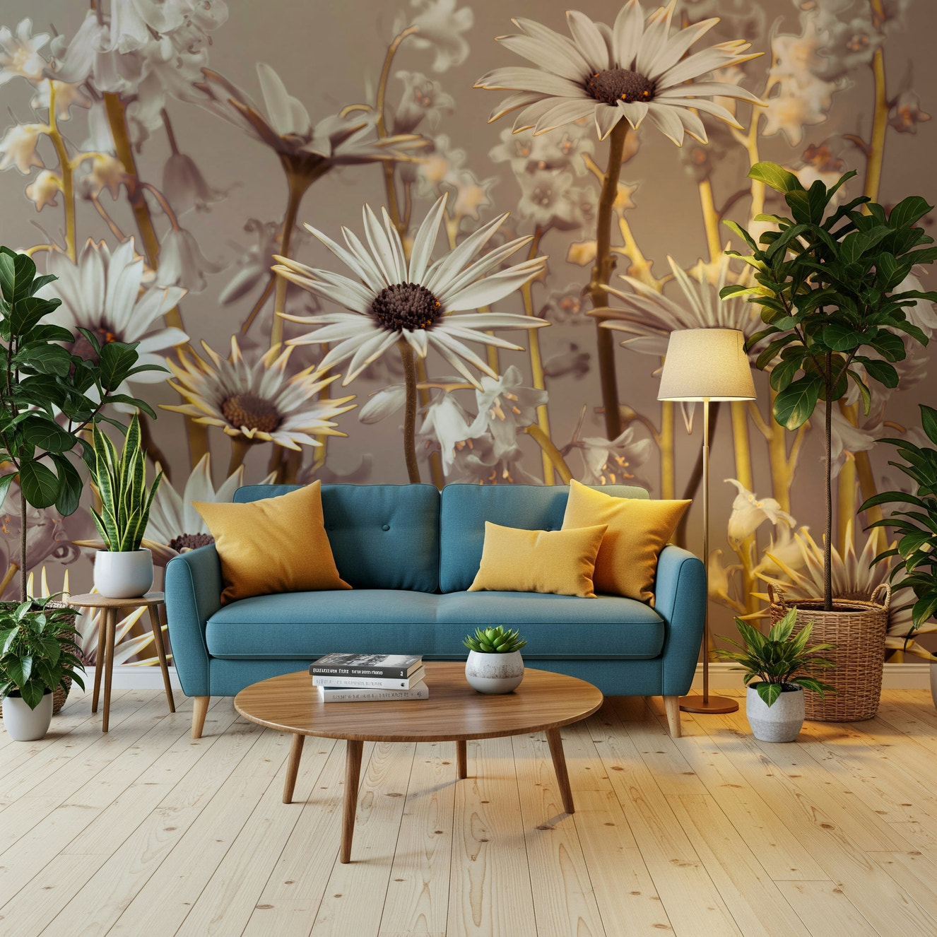 Soft botanical wallpaper with detailed daisy petals and warm natural stems.