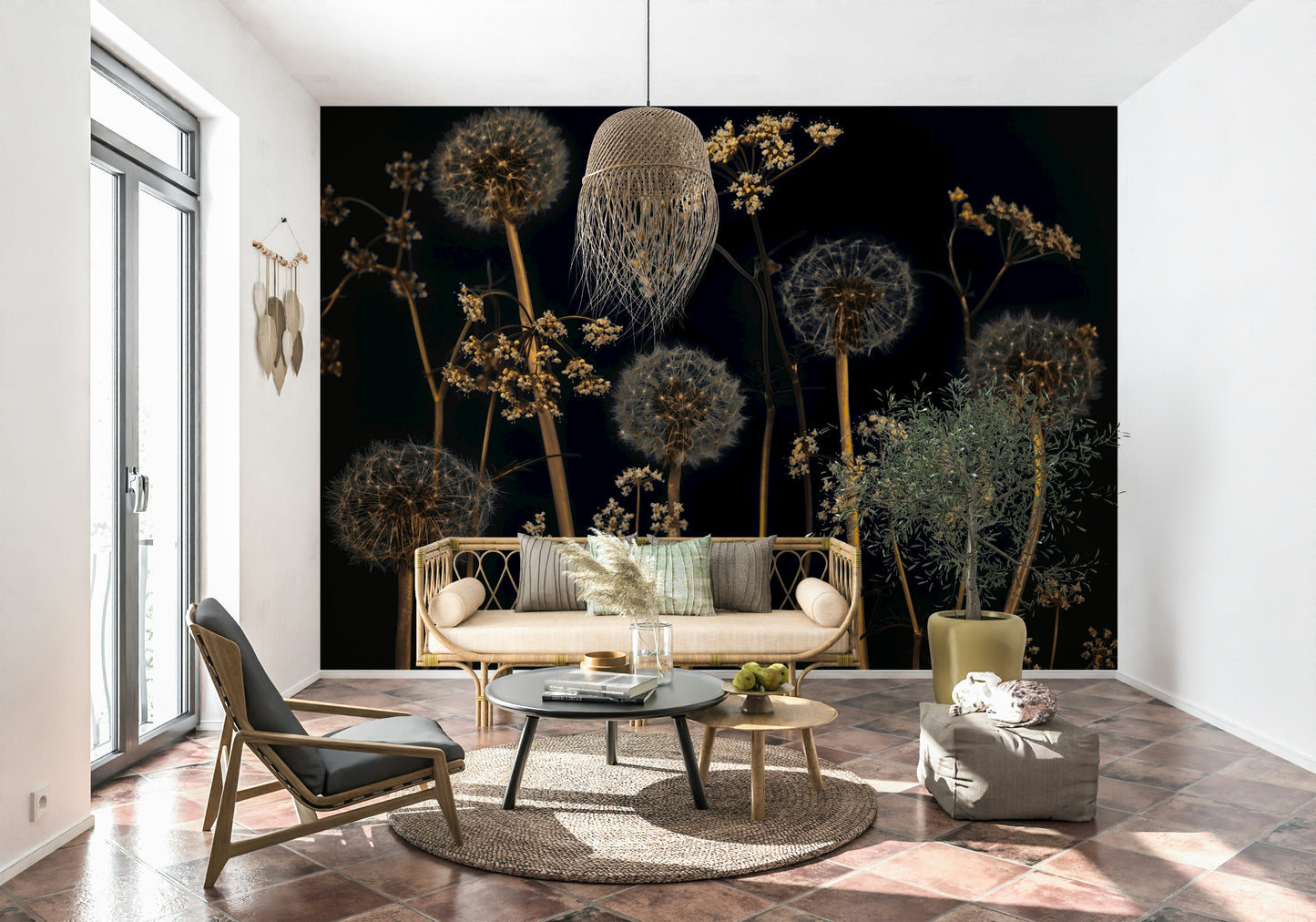 Statement floral wallpaper with tall wildflowers and glowing dandelions in an atmospheric style.