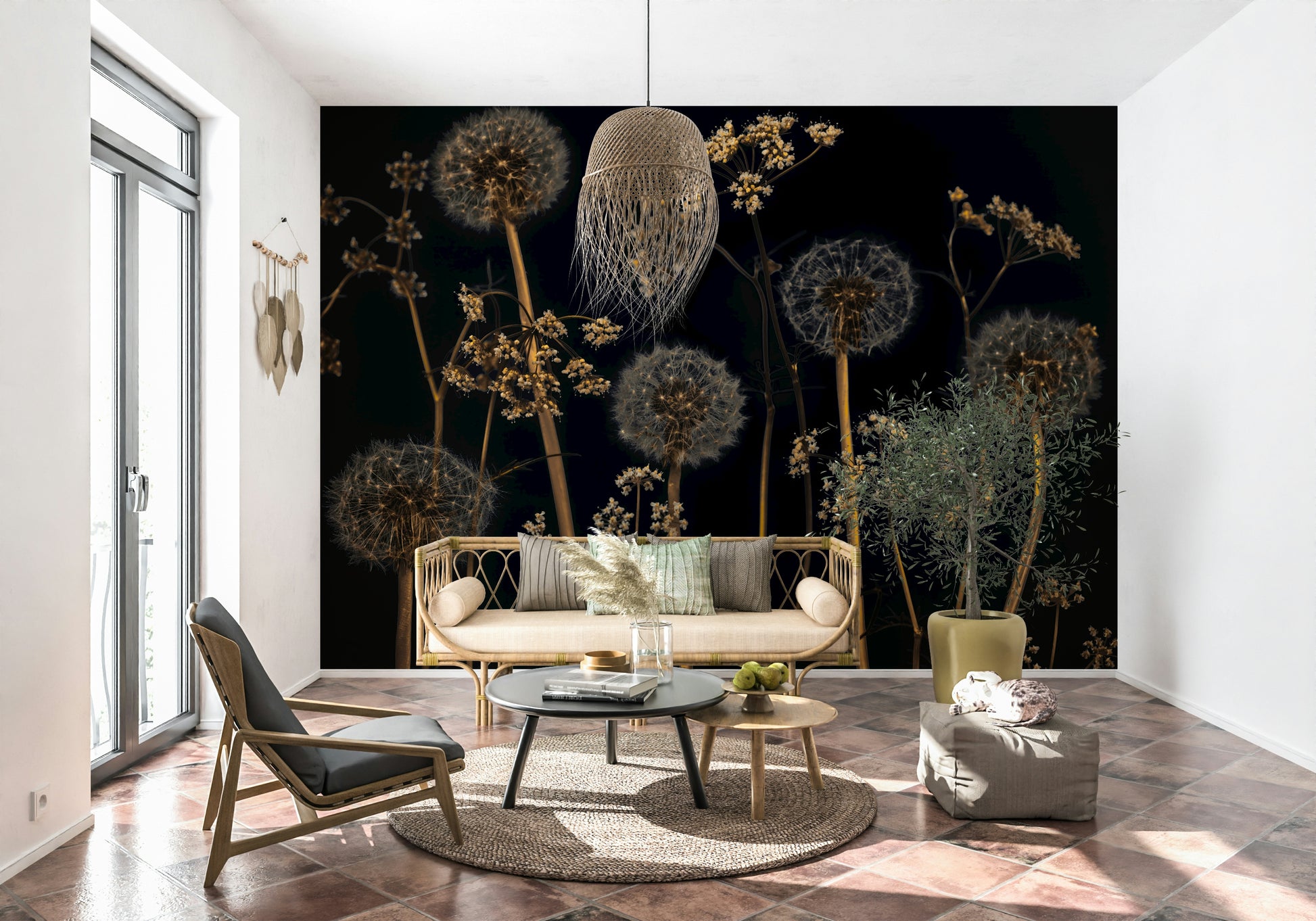 Statement floral wallpaper with tall wildflowers and glowing dandelions in an atmospheric style.