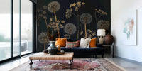 Nature wallpaper featuring softly lit dandelions and dried wildflowers in a dramatic composition.