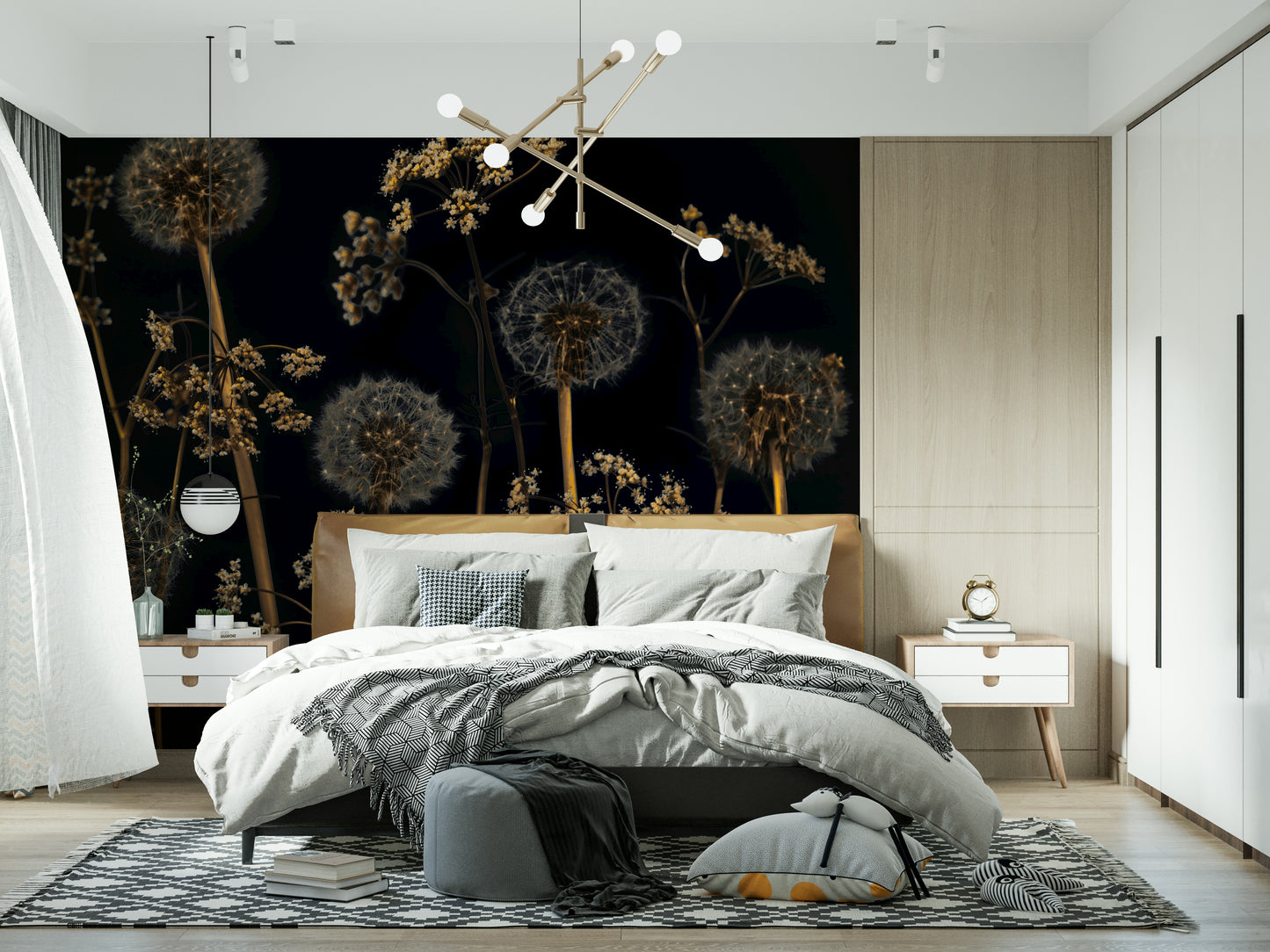 Moody floral wallpaper with detailed wildflower silhouettes standing out against a dark backdrop.