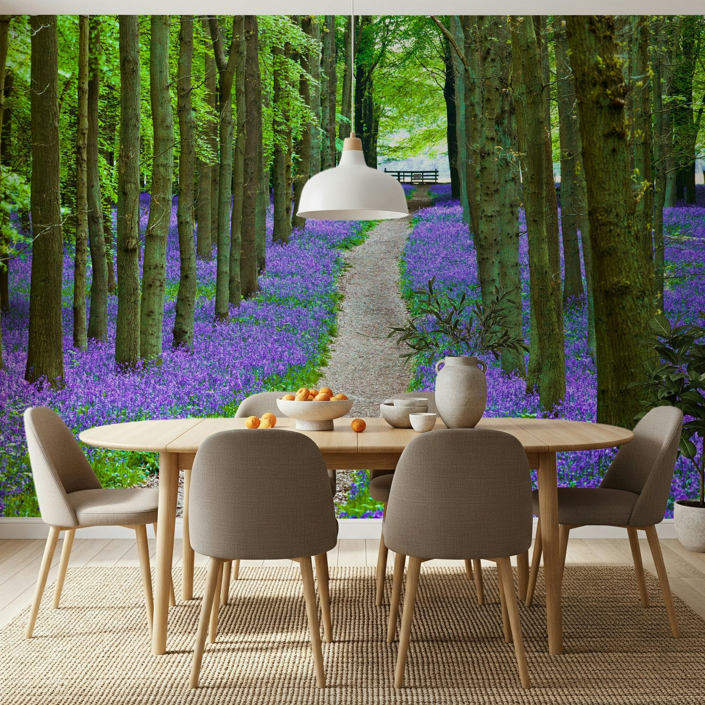 Enchanting bluebell wallpaper with a lush woodland setting and a soft gravel pathway.