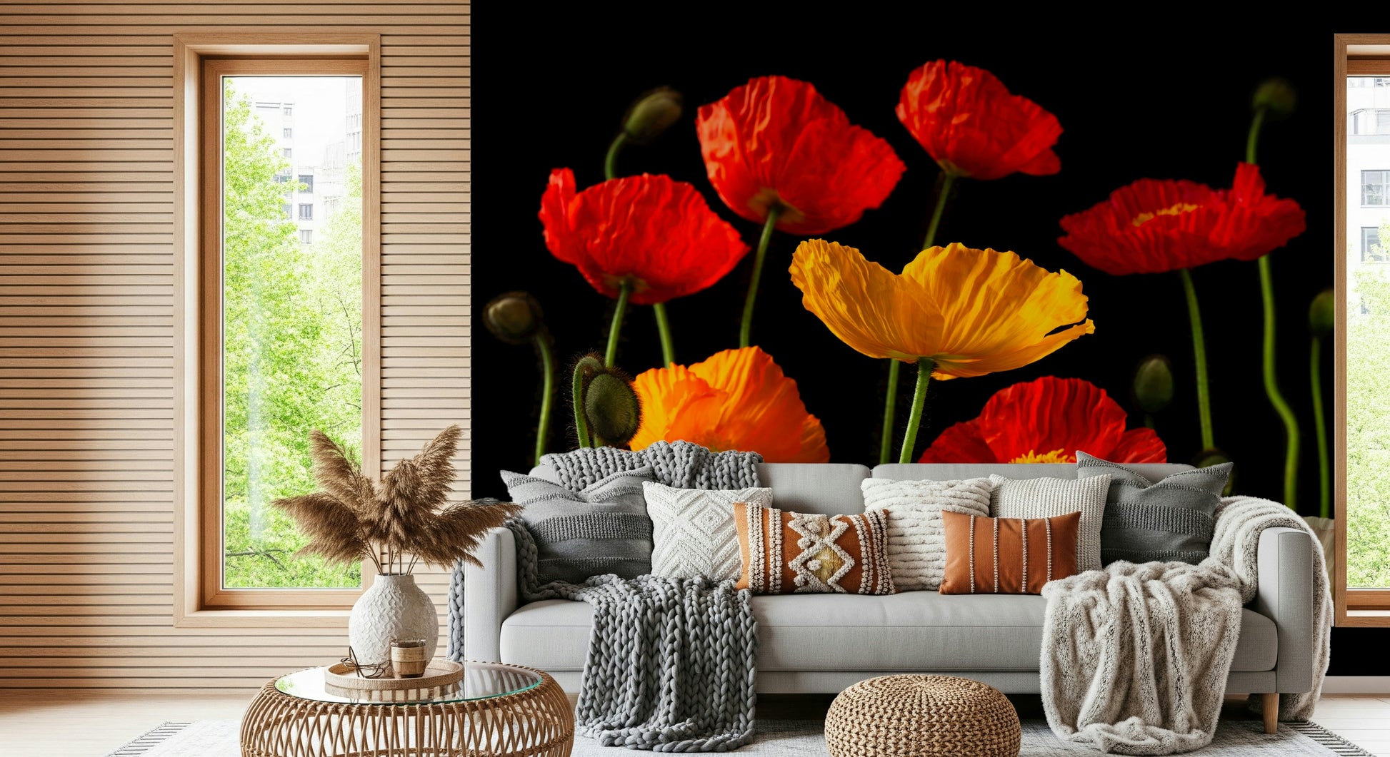 Modern poppies wallpaper displaying large red and gold blossoms with vivid green stems.