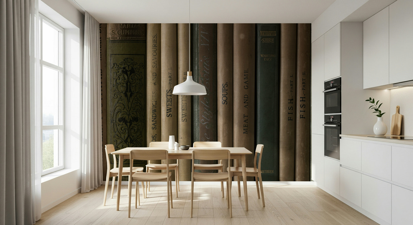 Aged Editions wall mural featuring a row of vintage hardcover books with worn spines and faded titles.