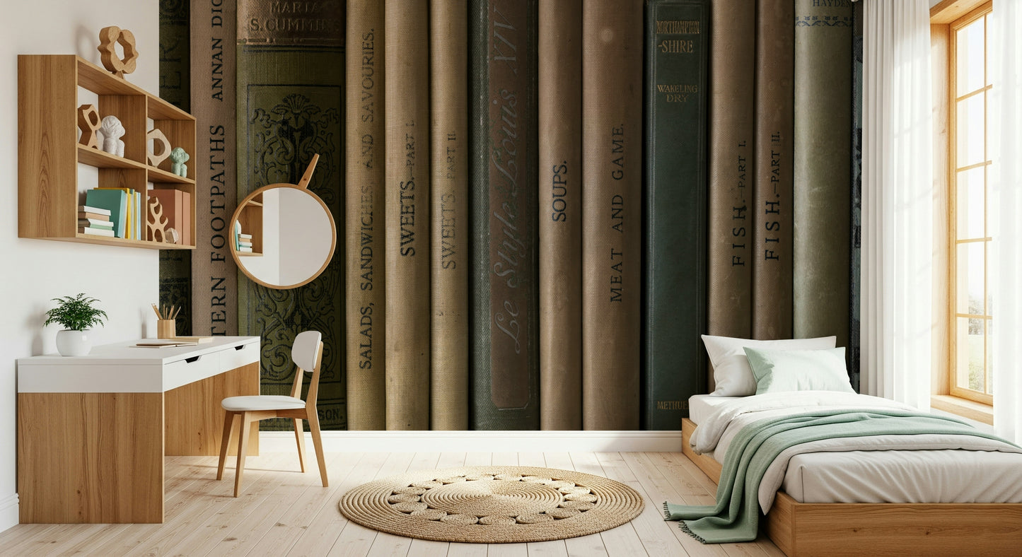 Old-library style mural with stacked vintage books in earthy brown and green tones.
