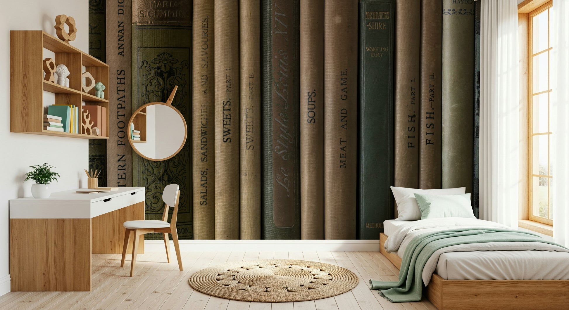 Old-library style mural with stacked vintage books in earthy brown and green tones.
