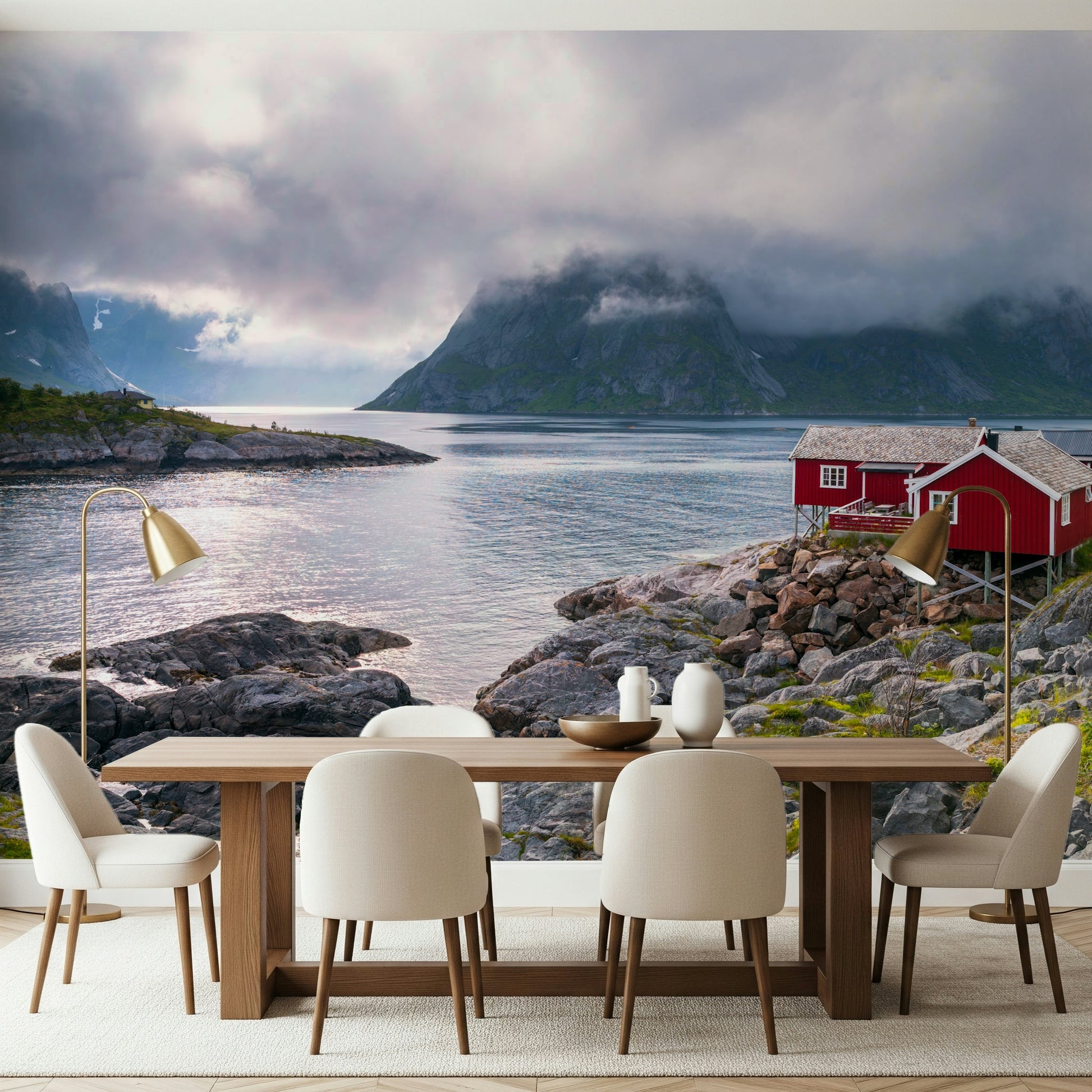 Scenic fjord mural showcasing a cozy red house perched on rocky shorelines with dramatic cloud-covered peaks.