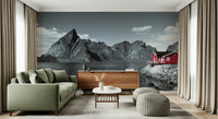 Wall mural depicting rugged fjord cliffs and a bright red waterfront home against a serene lake.