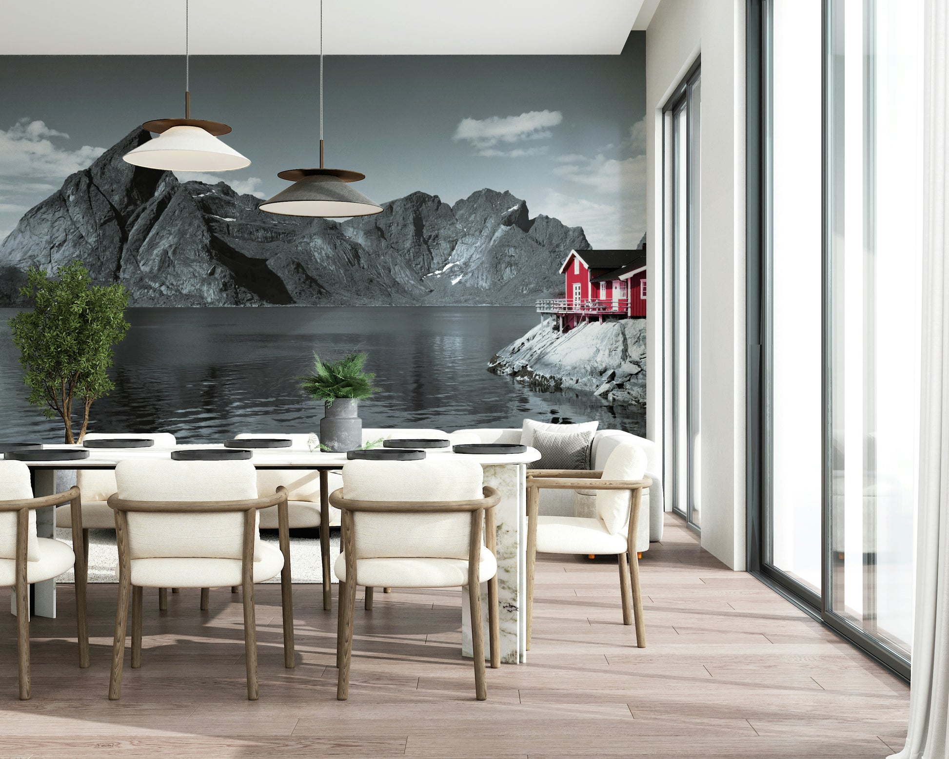 Moody Scandinavian mural featuring imposing stone mountains and a peaceful shoreline home.